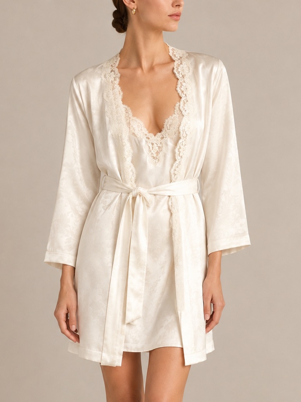 Bridal Wedding Ivory Satin Lace-Trim Wrap Robe set SMALL